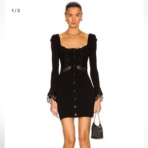 Self Portrait Inserted Lace Ribbed Knit Mini Dress Black